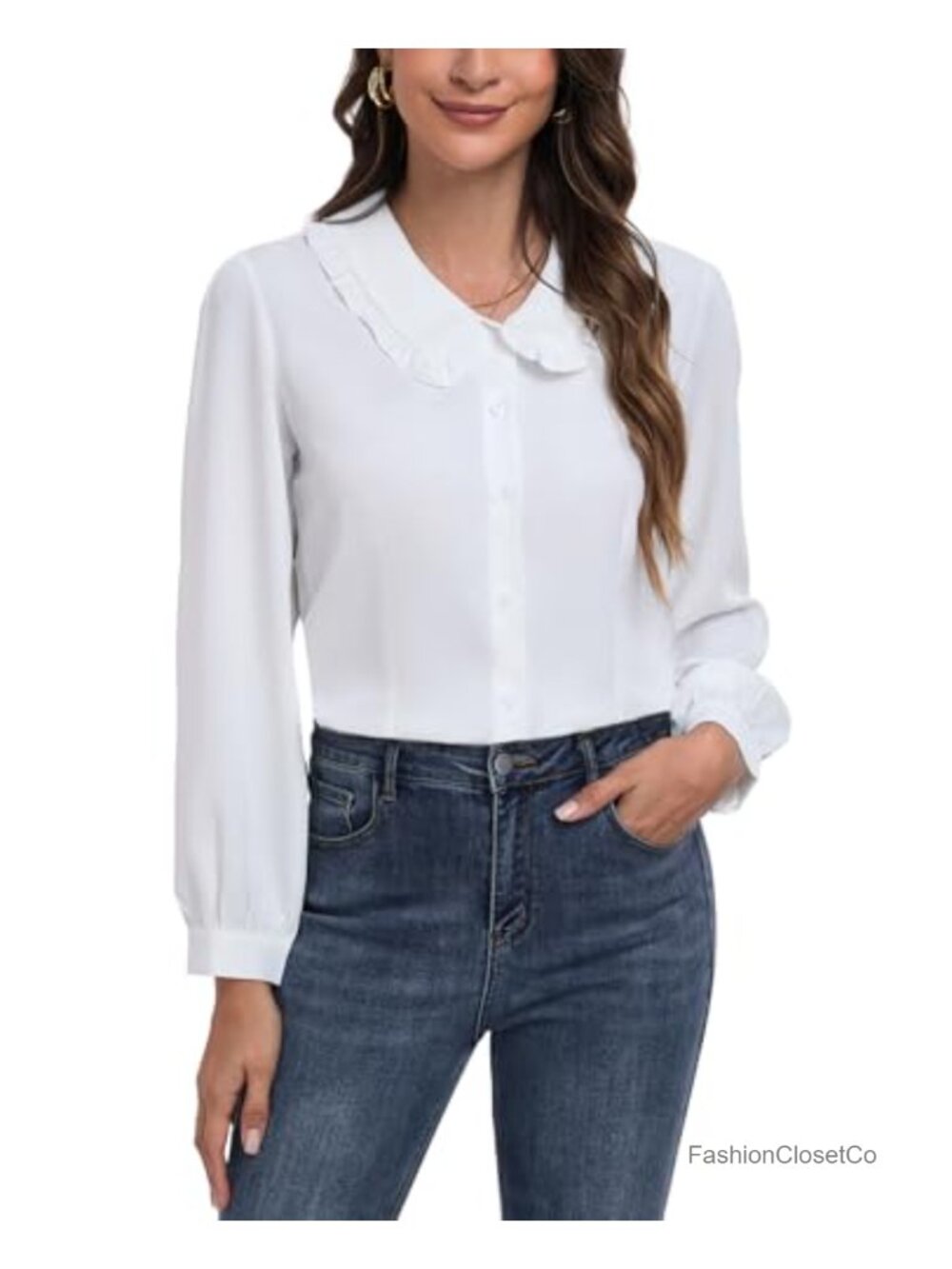 Women's Peter Pan Collar Button Down Blouse Puff Long Sleeve Work Shirt